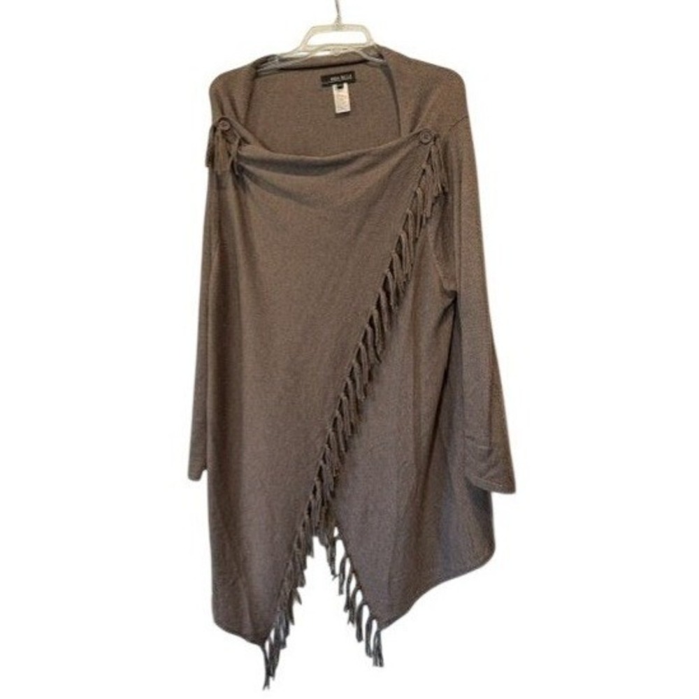 Anna Bella XXL Womens Brown Fringe Wrap Cardigan Asymmetrical Wool Blend Boho
